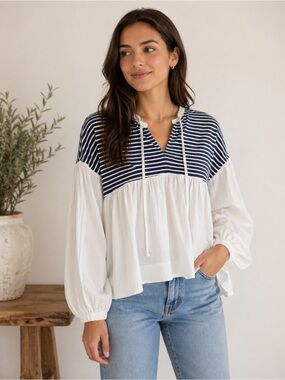 Mustard Seed Navy and White Striped Hoodie